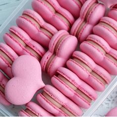 pink macaroons and heart shaped cookies in a plastic container