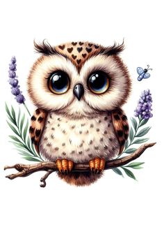 an owl sitting on top of a branch with purple flowers and butterflies around its neck