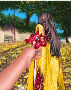 a painting of a person holding a flower in front of a park with yellow flowers