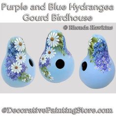 three blue vases with flowers painted on them and the words purple and blue hydrangea gourd