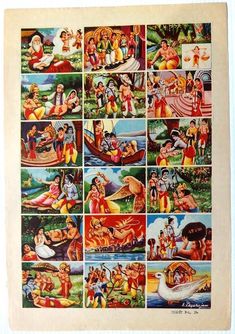 an old poster with many pictures of people and animals on the front, in different colors