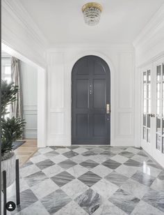 a large foyer with marble flooring and black door in the center is flanked by two planters