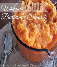 a glass bowl filled with mashed butternut squash