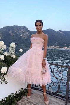 Pink Tulle Strapless Ruffled Tea Length Custom Formal Dress Tamara Kalinic, Tea Length Skirt, Straight Across Neckline, Red Carpet Look, Pink Tulle, Tea Length Dresses, Formal Dresses Prom, Formal Party, Red Carpet Looks