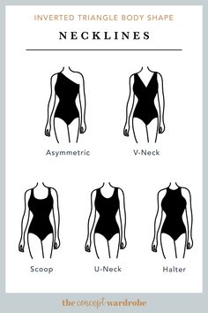 the concept wardrobe | A selection of great necklines for the inverted triangle body shape. Deep and narrow necklines as well as asymmetric necklines work best for this body shape. Tall Inverted Triangle Outfits, Inverted Triangle Neckline, Shirts For Inverted Triangle Shape, Tops For Inverted Triangle Shape, Body Shape Chart, Inverted Triangle Body Type, V Shape Body