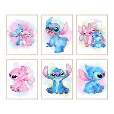 four different pictures of stitcher characters with pink and blue colors, each featuring an elephant