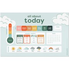 a calendar with the words'all about today'and an image of clouds on it