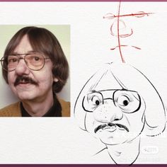 a man with glasses and a mustache next to a drawing of a person's face