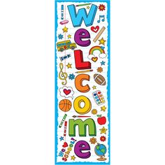 a welcome door mat with the words welcome to me in colorful letters and symbols on it