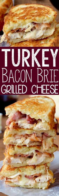 the bacon brie grilled cheese sandwich is stacked on top of each other and ready to be eaten