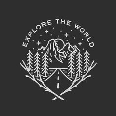 the logo for explore the world, with trees and mountains in the background on a black background