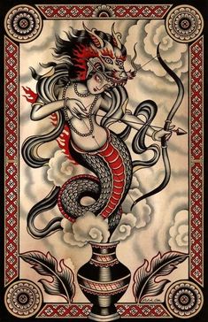 an image of a woman with a snake on her back, and clouds in the background