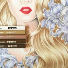 a drawing of a woman with long blonde hair and red lips next to three books