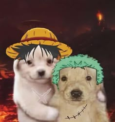 two dogs are standing next to each other in front of a fire with one dog wearing a hat