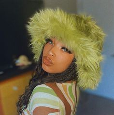 A real standout hat! Long pile luxury faux fur in a vibrant Moss Green...lightweight and super wa Lined in polar fleece to keep you warm and cozy. All our hats are good for the planet, and are hand sewn by me right here in the USA, using premium quality vegan friendly faux fur. Unisex sizes S-M-L available. Custom made just for you, and ready to ship within a couple of days. If you're not sure which size to order, just measure the circumference of your head ( all the way around the widest part, Big Fluffy Bucket Hat, Locs And Hats, Green Hat Outfit, Fluffy Hats, Fuzzy Hat, Rave Hats, Fluffy Hat, Bucket Hat Outfit, Fuzzy Bucket Hat