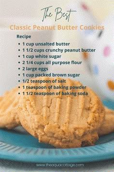 the recipe for peanut butter cookies on a blue plate