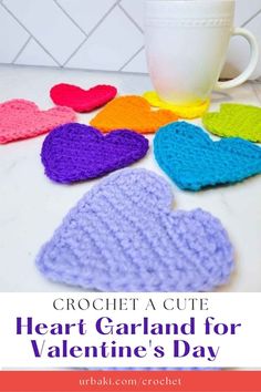 crochet heart garland for valentine's day with text overlay that says crochet a cute heart garland for valentine's day