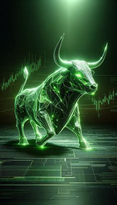 an abstract bull is depicted in the foreground with green lights on it's head