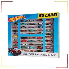 a toy car display case with 50 cars in it