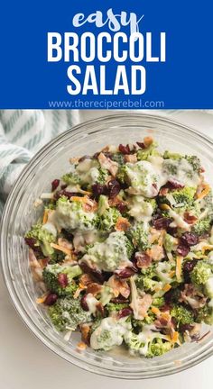 broccoli salad in a glass bowl with dressing