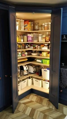 an open pantry with shelves and bins full of food in the corner, labeled how to store