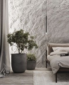 a bedroom with a bed, plant and curtains