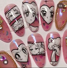 Nail Anime, Anime Nail Art, Valentines Vibes, Nail Tricks, Sailor Moon Nails, Kawaii Nail Art, Animal Nail Art, Moon Nails, Anime Nails