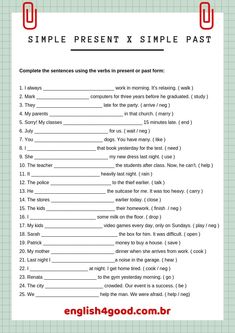 simple present simple past worksheet with the words in english and spanish on it