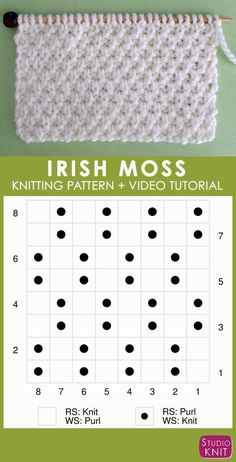 the irish moss knitting pattern is shown with instructions to knit it and how to use it