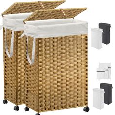 two wicker storage bins with handles on wheels and white canvas bags attached to them