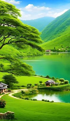 a painting of a beautiful green landscape with trees and mountains in the background, along with a lake surrounded by lush greenery