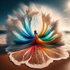 a woman standing on the beach in front of an ocean wave with her colorful dress