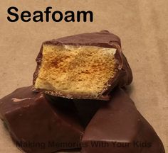 three pieces of chocolate covered cake sitting on top of each other with the words seafoam written above them