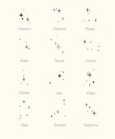 zodiac signs and their names are shown in black ink on a white background with stars