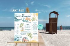 an easel on the beach with a sign that says, any age linens big ones