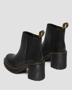 Spence Leather Flared Heel Chelsea Boots | Dr. Martens Heeled Dr Martens, Winter Dr Martens Outfits, Winter Outfits With Doc Martens, Chelsea Boots Aesthetic, Doc Martens Dress Outfits, Dr Martens Heels, Dr Martens High Heels, Dr Martens Shoe, Heel Chelsea Boots