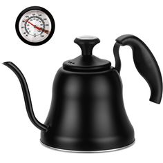 a black tea kettle with a thermometer next to it on a white background