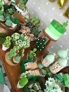 a table topped with lots of potted plants next to a cake on top of a wooden table