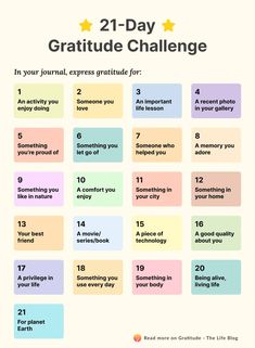 the 21 day gratitude challenge is shown in this poster