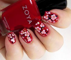 25 Amazing Flower Nail Art Designs Simple Flower Nails, Nails Art Red, Diamond Nail Designs, Cherry Blossom Nails