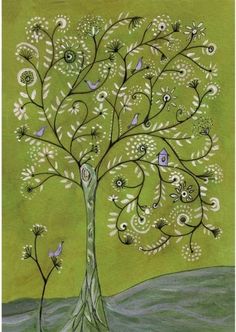 a painting of a tree with purple birds on it's branches and green background