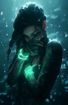 a woman with dark hair and tattoos holding her hand to her face in the rain