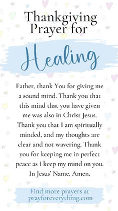 a prayer card with the words, ` thanksgiving prayer for healing'on it