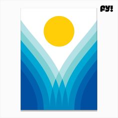 a poster with the sun above water and waves in blue, yellow and white colors