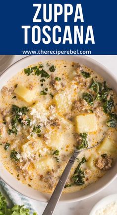 a bowl of zuppa toscana with cheese and spinach on the side