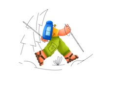 a drawing of a person wearing skis and carrying a backpack with poles on his back