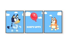 three posters with cartoon dogs on them, one has a balloon and the other has a dog