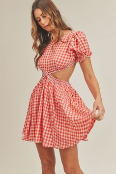 Short sleeve gingham plaid ruffle detail side cut out and open back mini dress with lining. poly/rayon Gingham Dresses, Open Back Mini Dress, Side Cuts, Gingham Dress, Red Mini Dress, Perfect Summer, Fashion Boutique, Gingham, Open Back