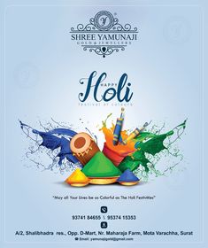 an advertisement for the celebration of holi with colorful powders and pencils on blue background