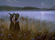 two girls standing in tall grass looking out at the water under a moonlit sky